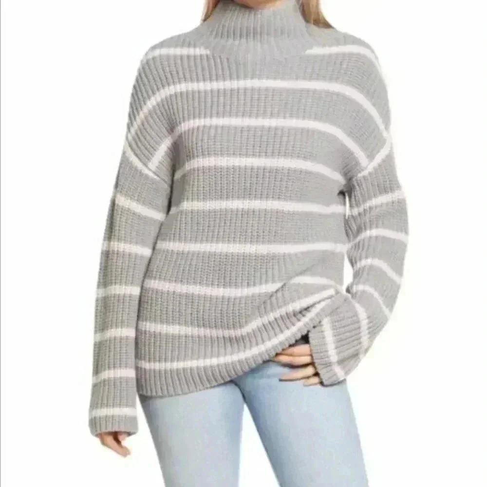Caslon Grey and Pink Stripped Mock Neck Sweater L